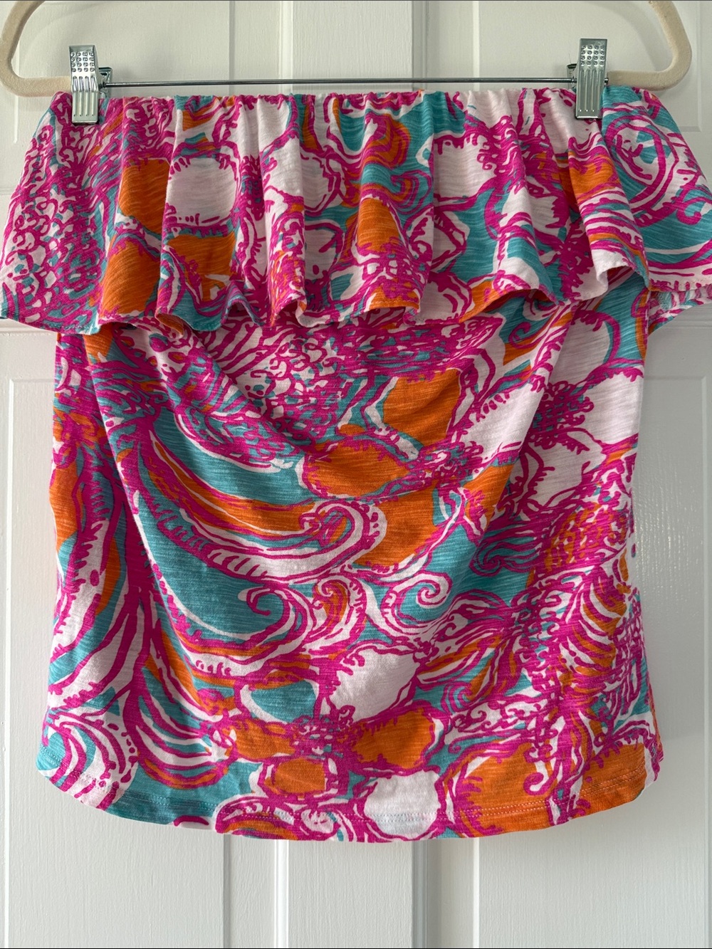 Lilly Pulitzer Strapless Ruffle Cotton Tube Top Pink Teal Orange Floral XL